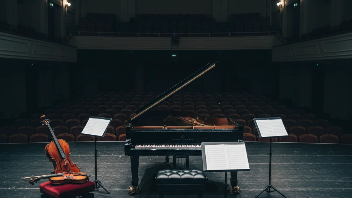Imatge genèrica d'un auditori buit amb un piano o instruments musicals a l'escenari.