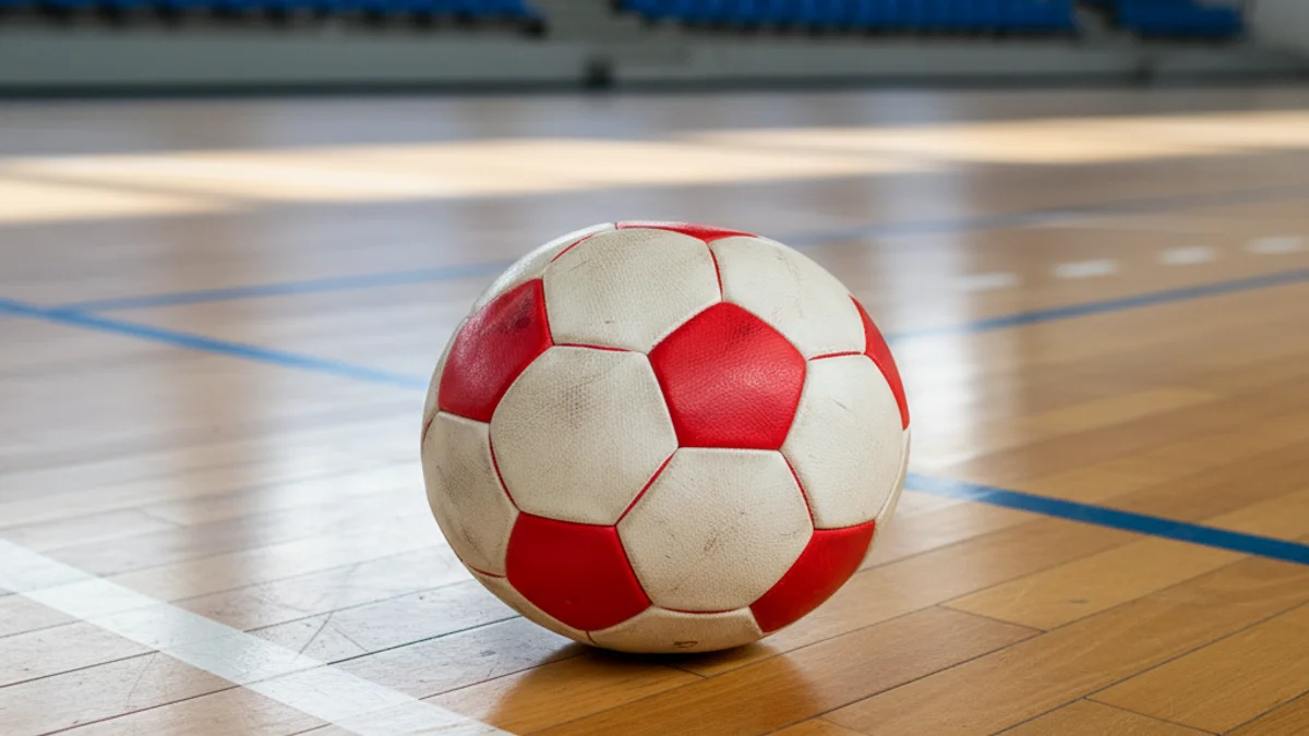 Pilota de futbol sala sobre el parquet d'un pavelló esportiu buit.