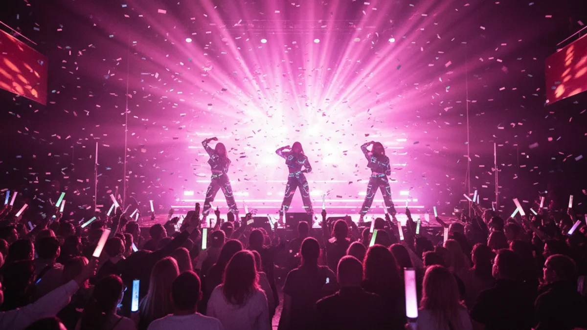 Generic image of a stage with colorful lights and silhouettes of singers during a K-pop concert.