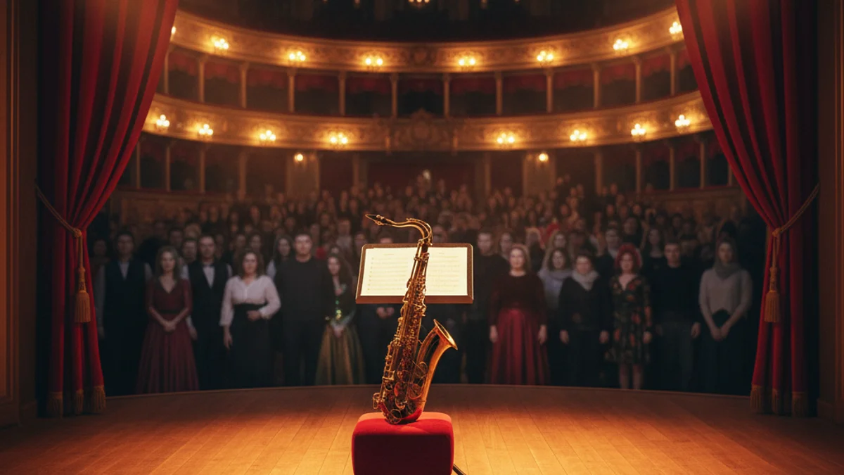 Generic image of a saxophone on a lit stage during a jazz concert.