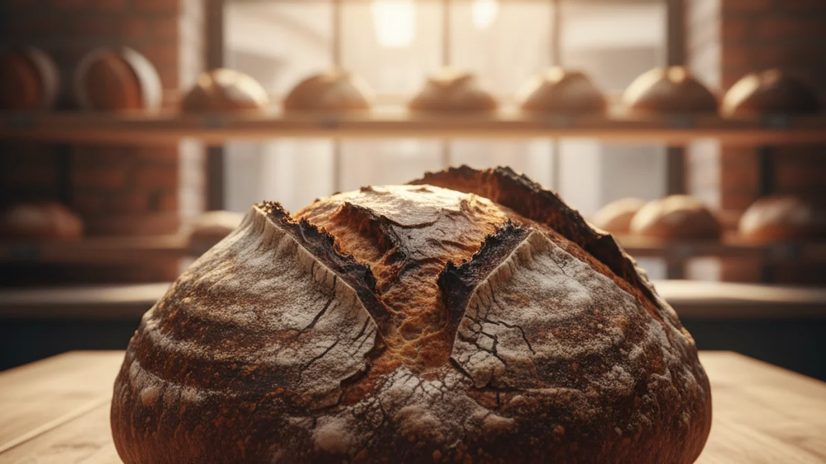 Generic image of an artisan sourdough bread loaf with a crunchy crust on a wooden table.