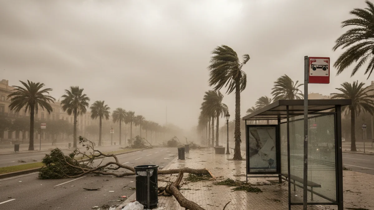 Un carrer de Barcelona amb branques d'arbres a terra i senyalització de transport públic.