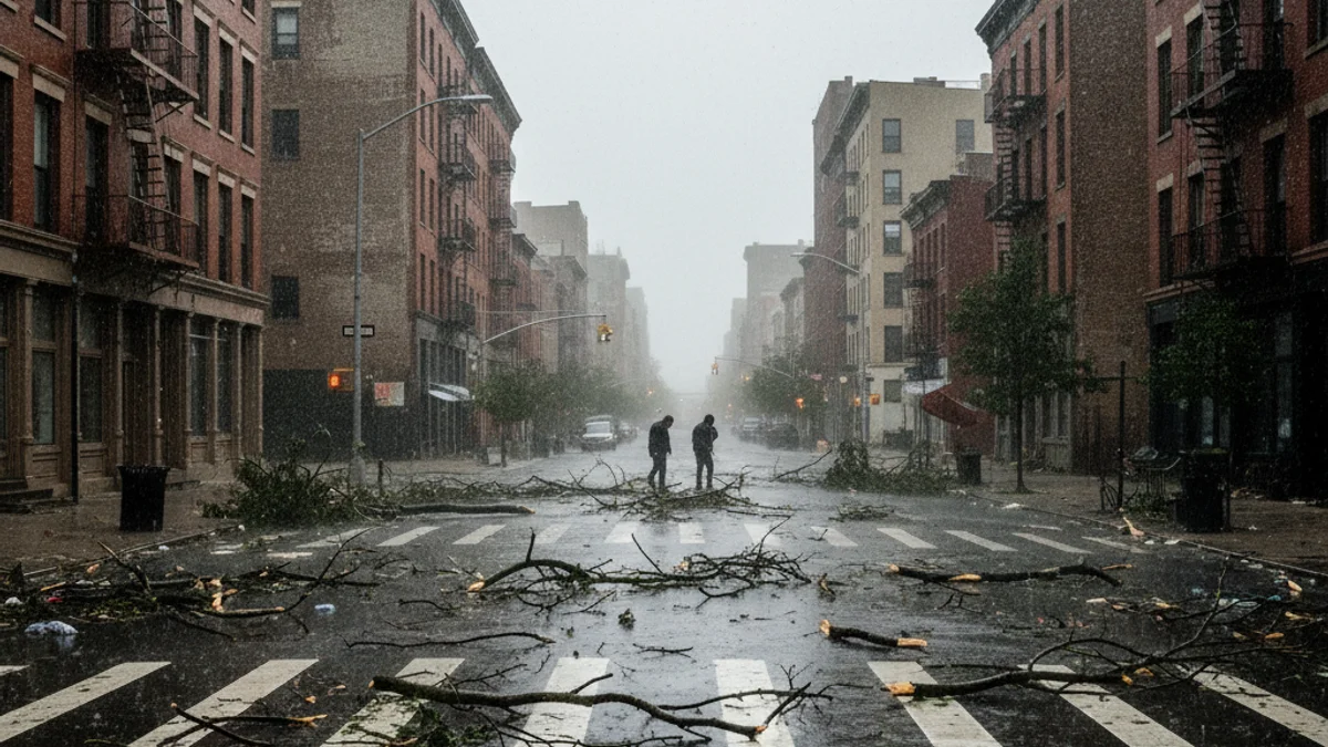 Imatge d'un carrer buit amb branques d'arbres a terra pel vent.