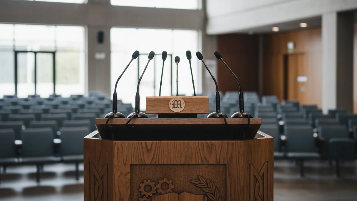 Generic image of microphones on a podium during a political press conference.