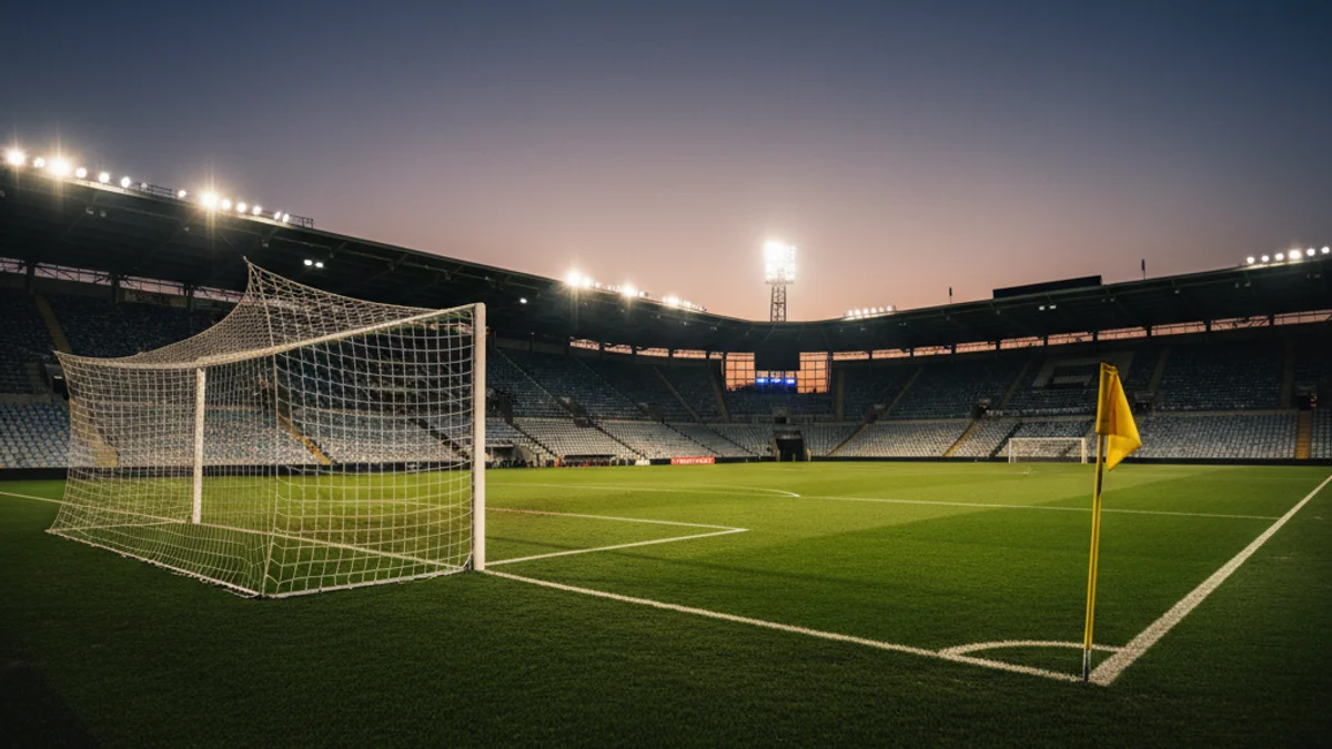 Imatge genèrica de la gespa i la porteria d'un estadi de futbol sota els focus.