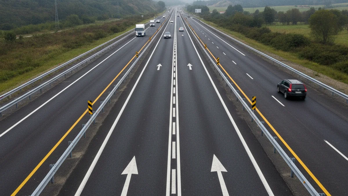 Vista d'una carretera amb tres carrils (model 2+1) amb senyalització de trànsit, sense vehicles identificables.