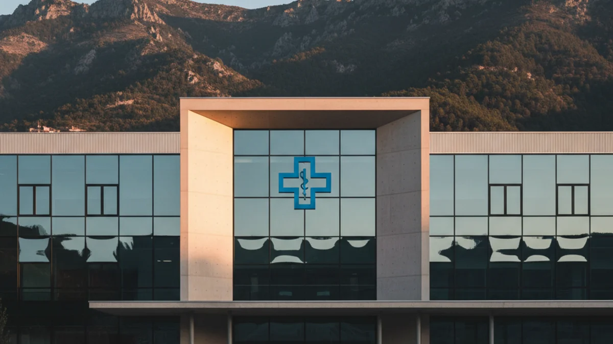 Imatge genèrica d'un centre hospitalari amb muntanyes al fons.