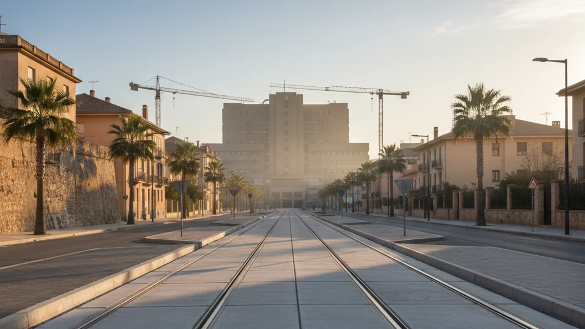 Imatge genèrica d'unes obres d'infraestructura urbana amb vies de tramvia i un hospital al fons.