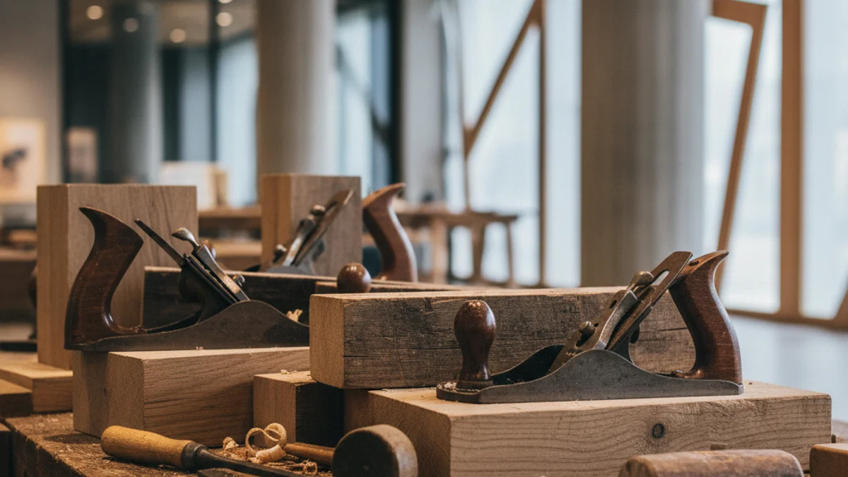 Imatge genèrica de fusta treballada i eines de fusteria en un taller.