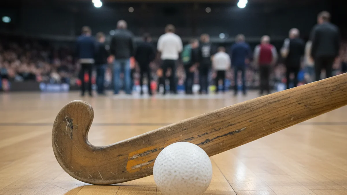Imatge genèrica d'un estic i una pilota d'hoquei en una pista poliesportiva.