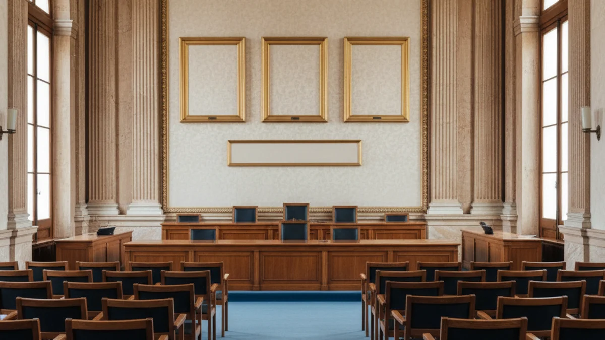 Imatge genèrica d'un saló de plens municipal buit amb una taula presidencial i una paret institucional.