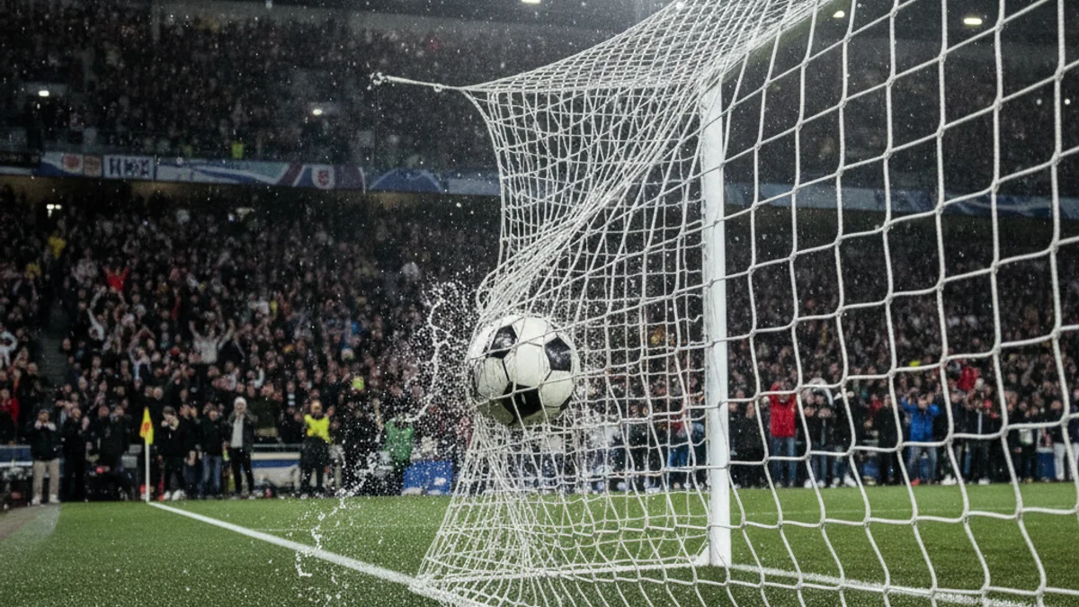 Generic image of a soccer ball hitting the back of the net during a night match.