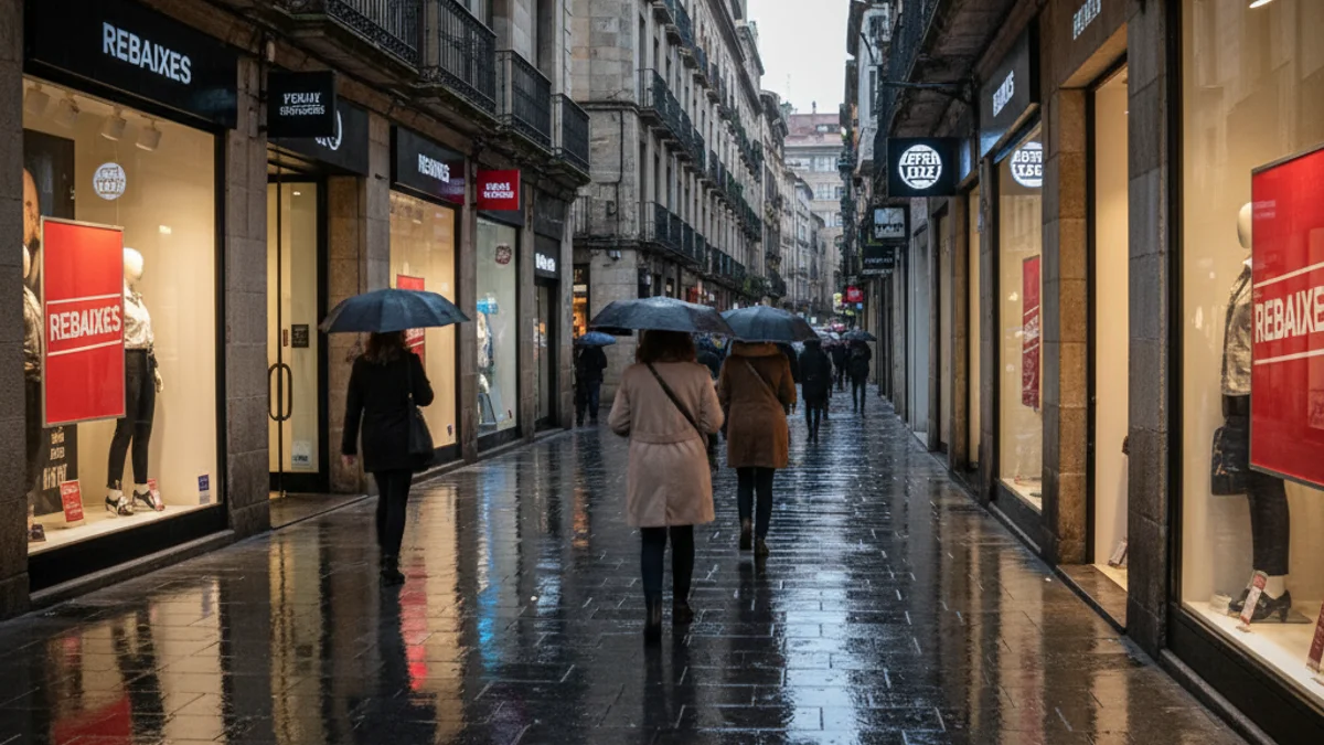 Imatge genèrica d'un carrer comercial amb el terra banyat per la pluja i cartells de rebaixes als aparadors.