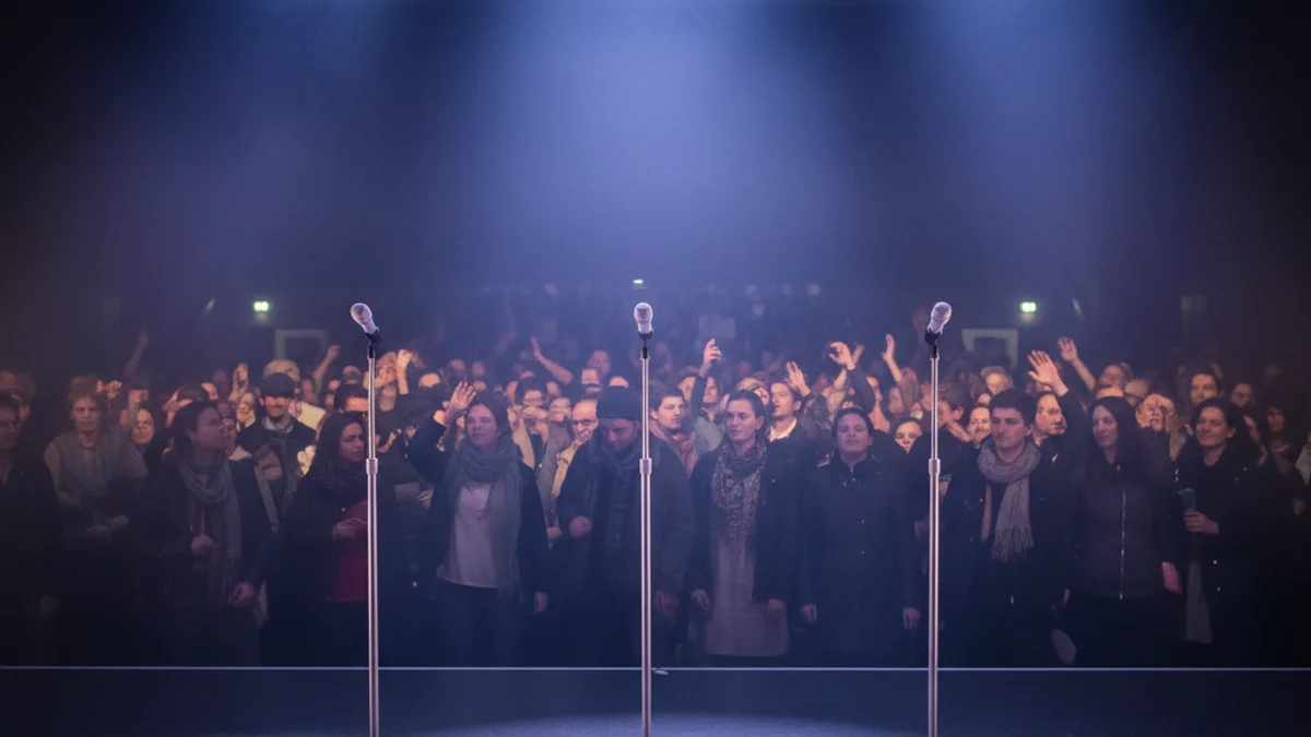 Imatge genèrica d'un escenari de rap amb micròfons i il·luminació espectacular.