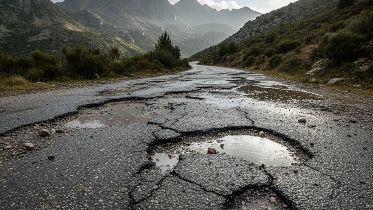 Generic image of a mountain road with damaged asphalt and potholes due to rain.