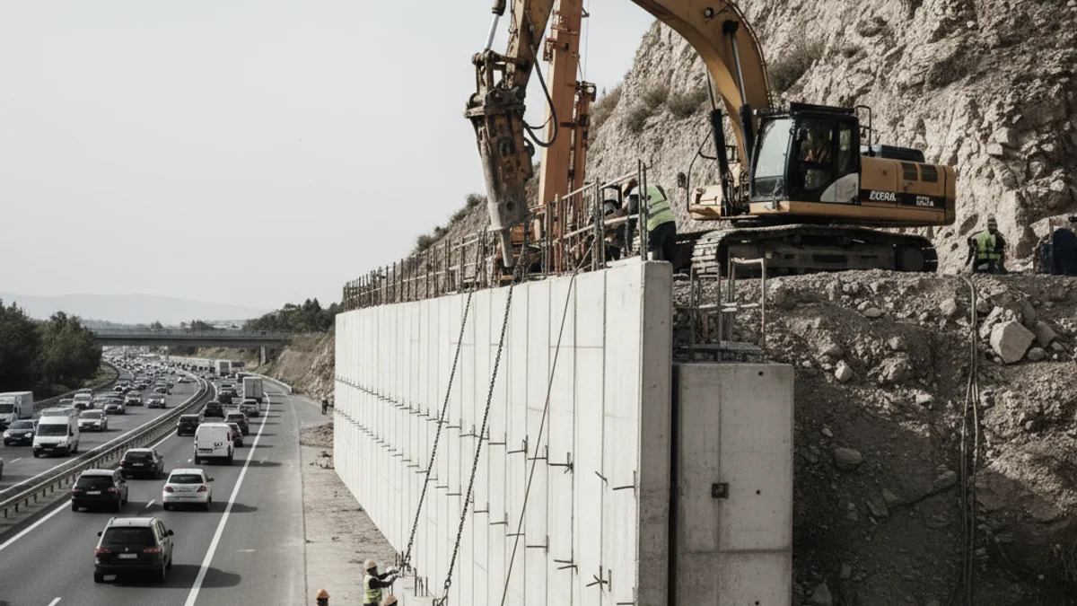 Imatge genèrica d'operaris treballant en la reconstrucció d'un mur de contenció al costat d'una autopista tallada.