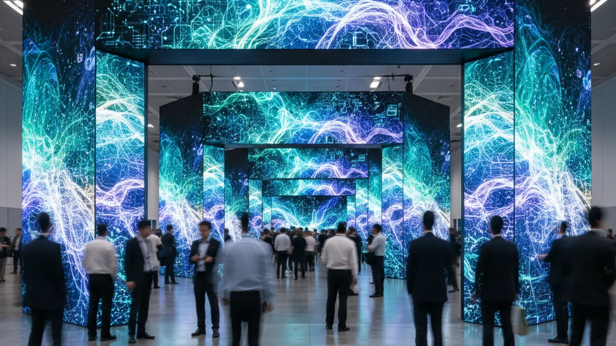 Vista general d'un pavelló de la fira de tecnologia amb figures borroses i pantalles gegants mostrant dades.
