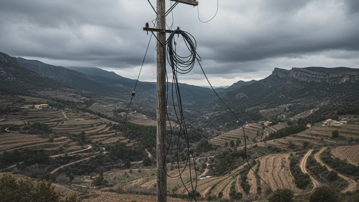 Imatge genèrica d'un cable de telecomunicacions penjat en una zona rural de muntanya sota un cel ennuvolat.