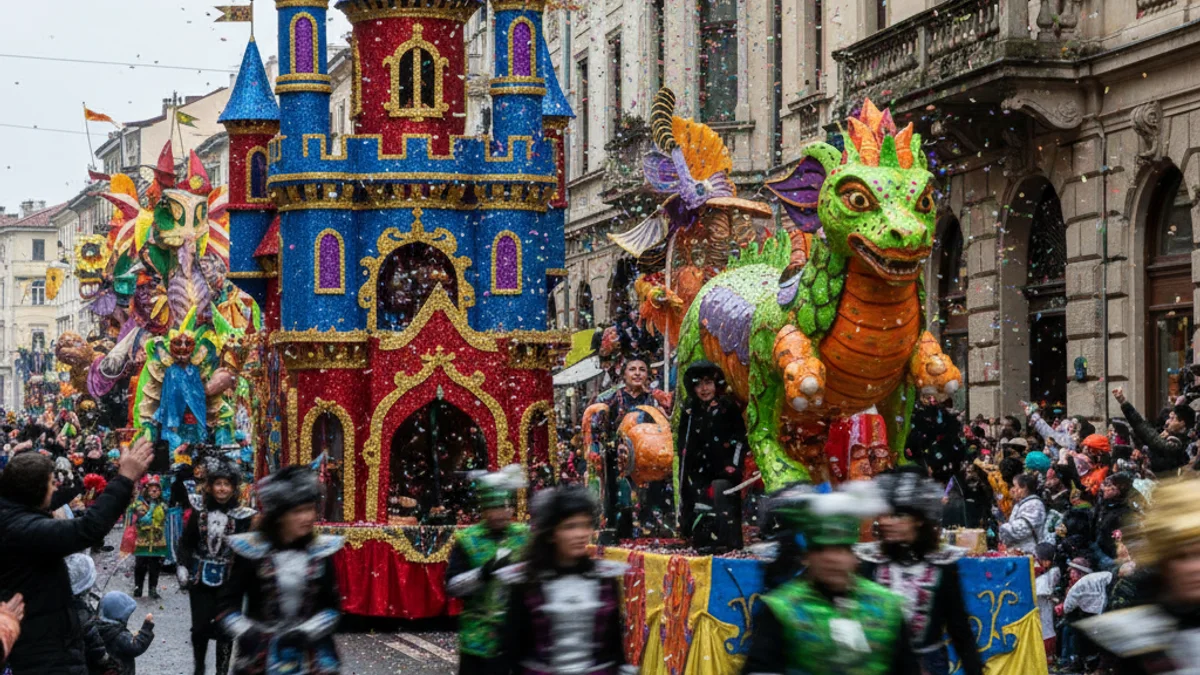 Una rua de Carnaval amb carrosses i gent disfressada pels carrers.
