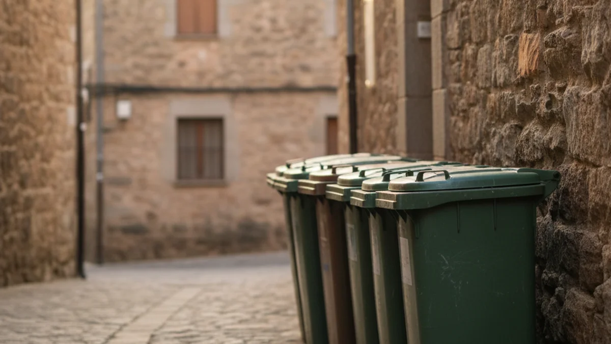 Imagen generica de cubos de recogida de residuos puerta a puerta en una calle de un pueblo.