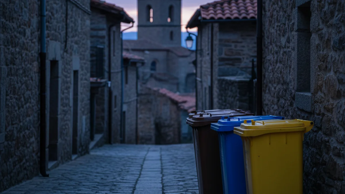 Imatge genèrica de cubells de reciclatge situats al carrer d'un poble de muntanya durant la matinada.