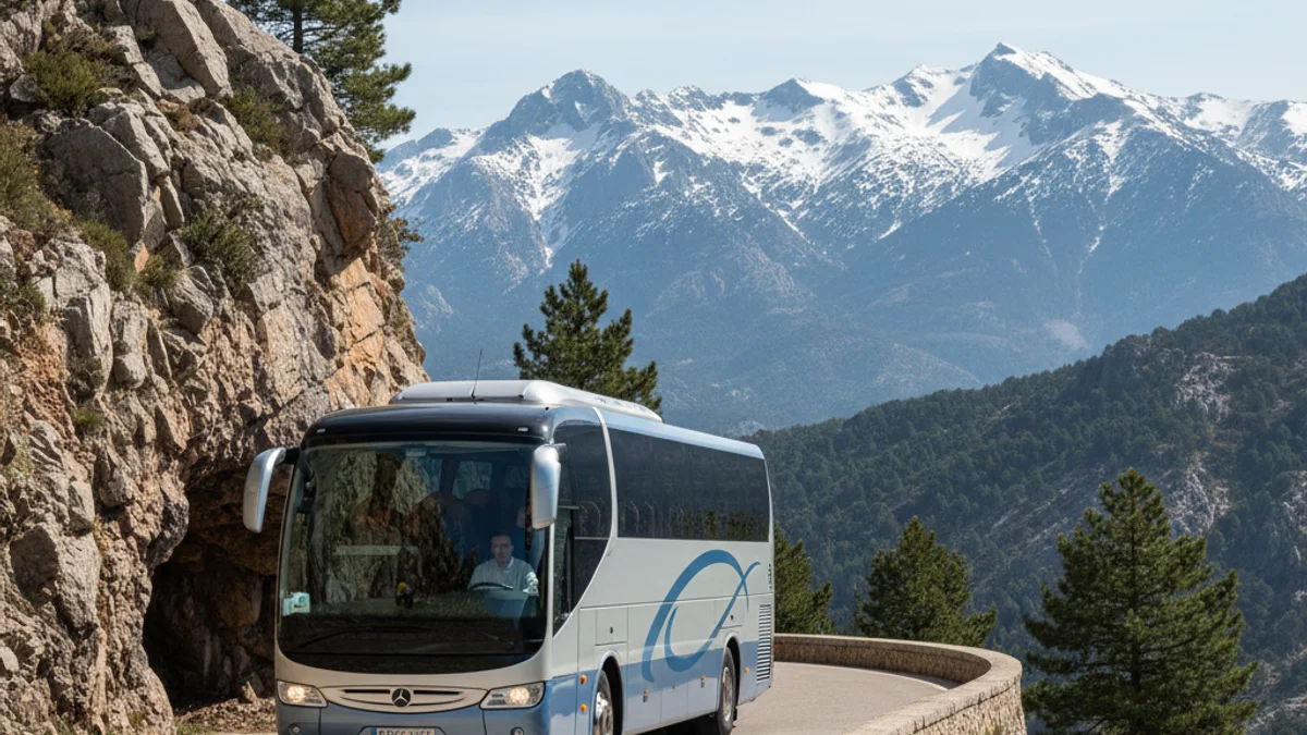 Imatge generica d'un autobus interurba circulant per una carretera de muntanya al Pirineu.