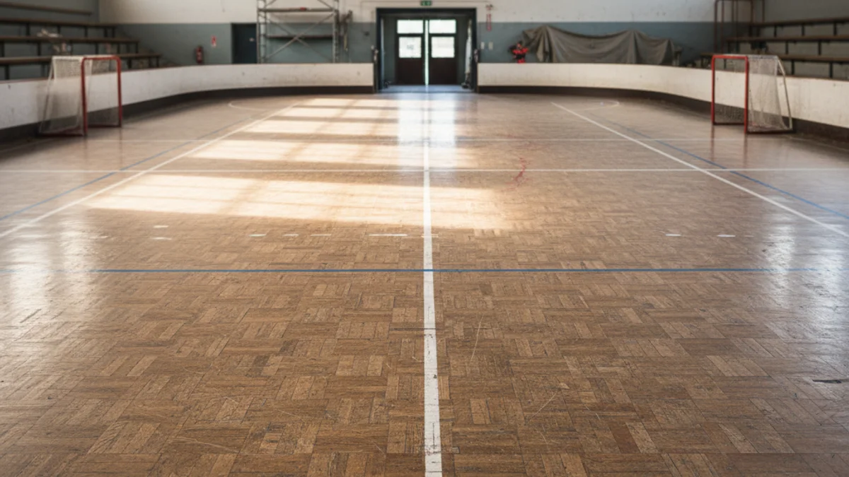 Imatge genèrica d'una pista d'hoquei patins amb el parquet desgastat.
