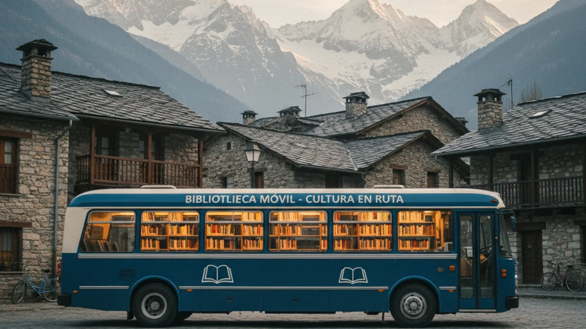 Imatge genèrica d'un bibliobús estacionat en un entorn rural de muntanya.