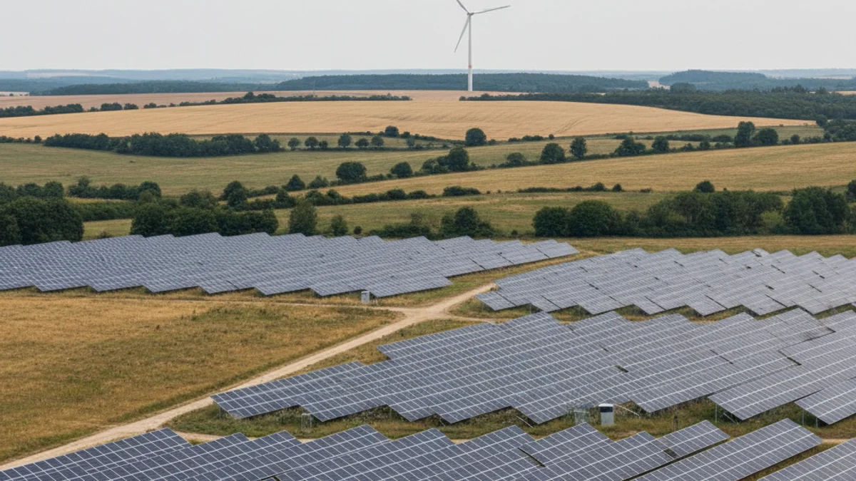 Panells solars fotovoltaics instal·lats en un camp o sobre un edifici industrial, amb un aerogenerador al fons.