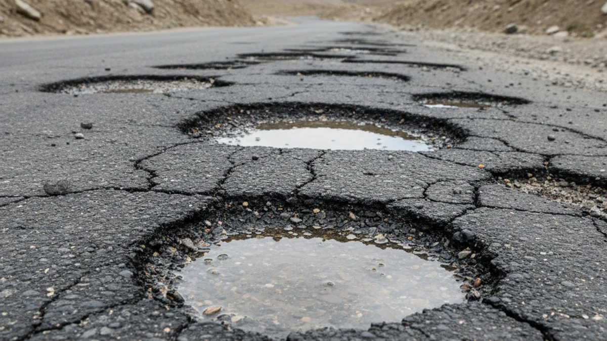 Imatge genèrica d'un tram de carretera amb nombrosos clots i asfalt deteriorat a la muntanya.