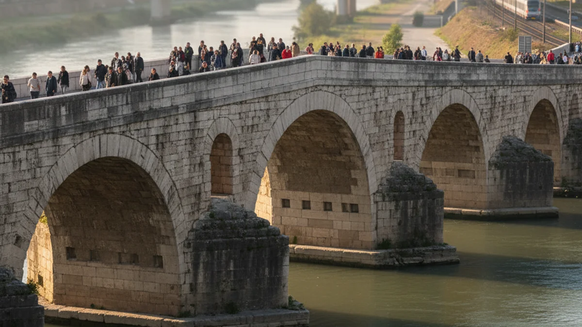 Generic image of the restoration of a Roman era monument over a river.
