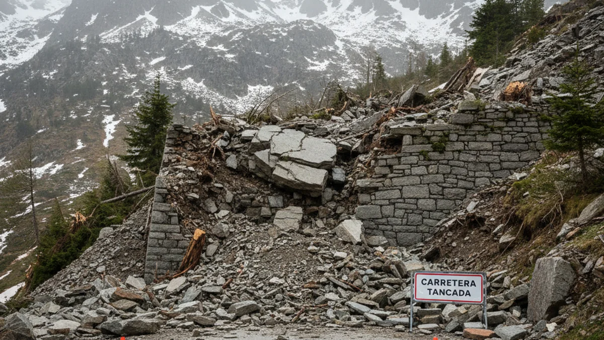 Generic image of a rockslide blocking a mountain road in the Pyrenees.