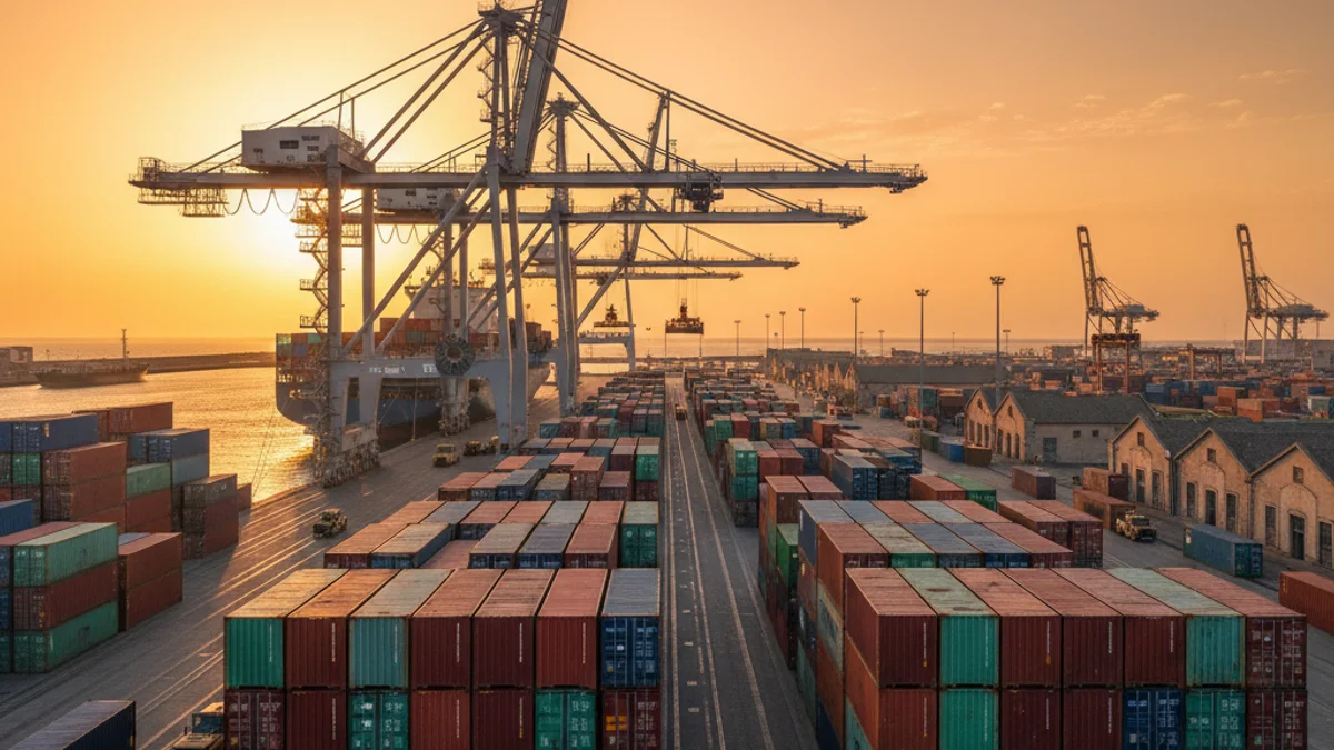 Imatge generica de les grues i contenidors en un port comercial durant la posta de sol.
