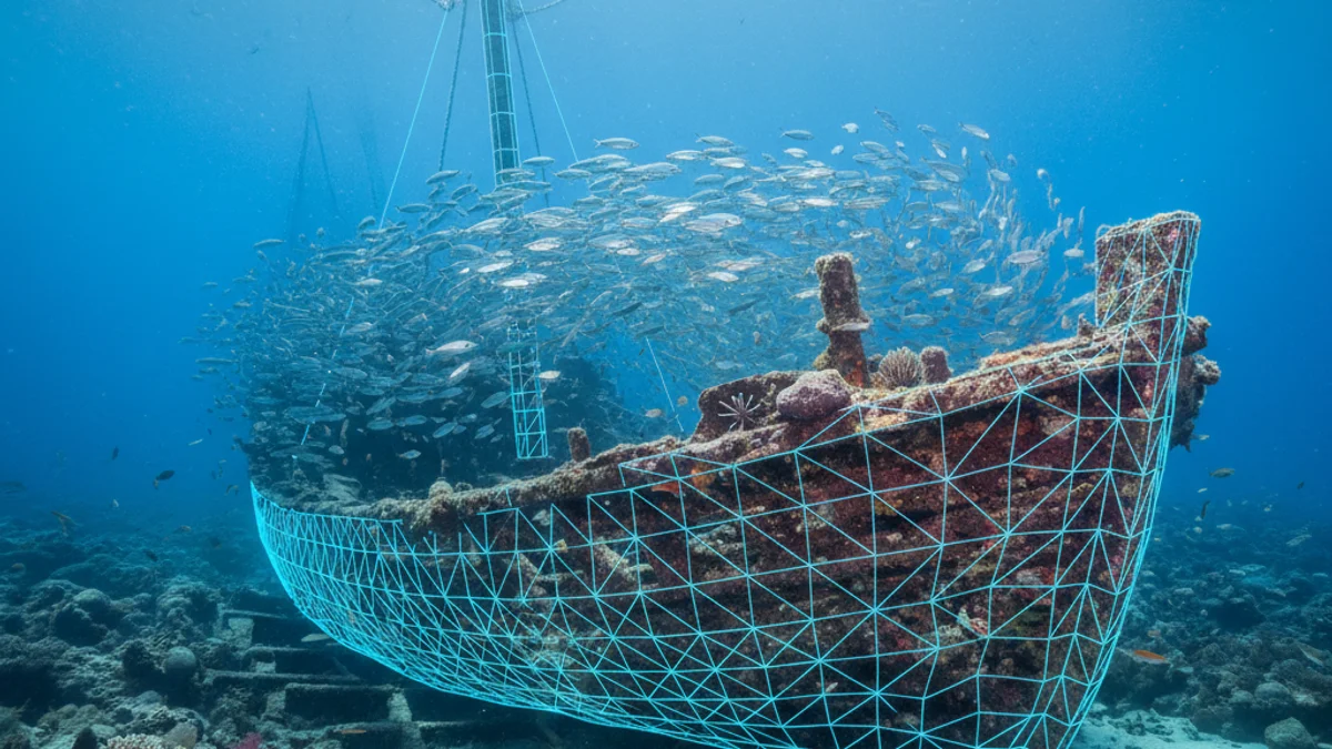 Imatge genèrica d'un vaixell enfonsat al fons del mar amb una representació de mapeig digital.