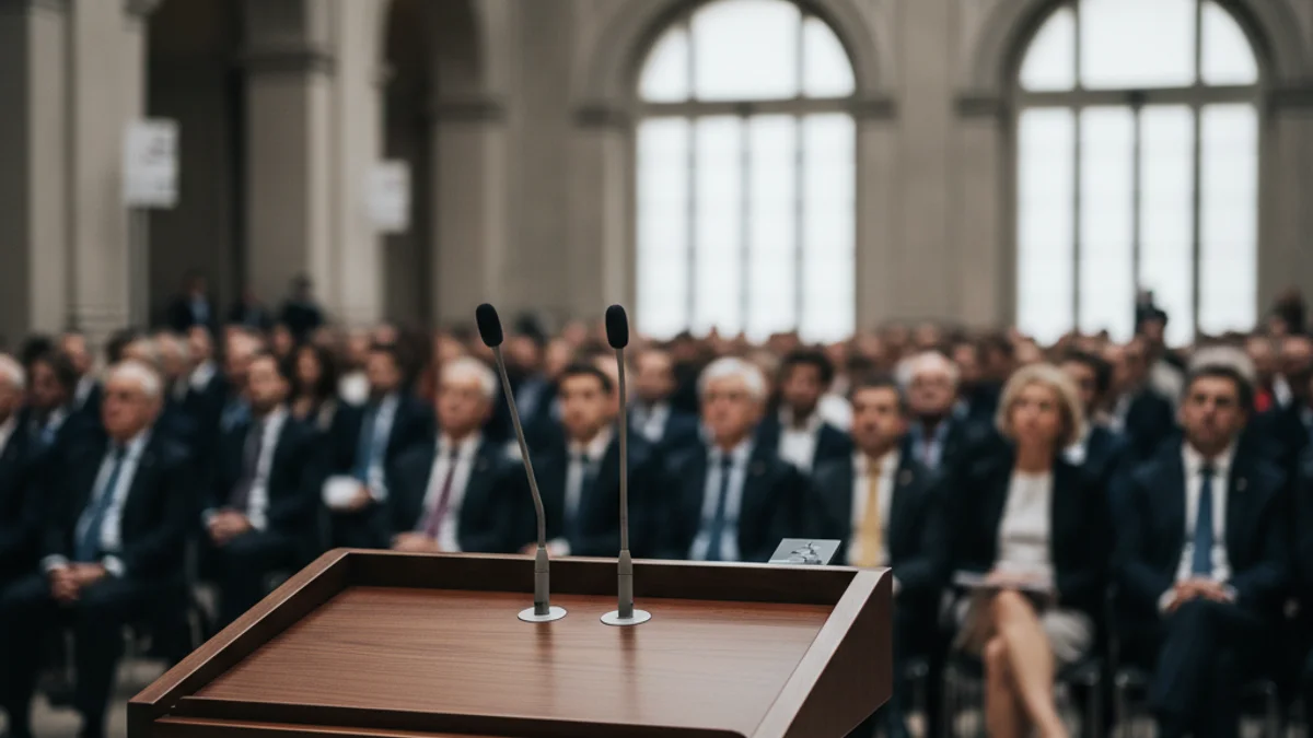 Generic image of a podium with microphones during a political conference about housing.