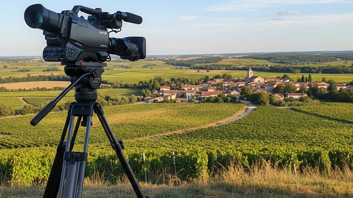 Una càmera de televisió professional filmant un paisatge rural amb vinyes a Catalunya.