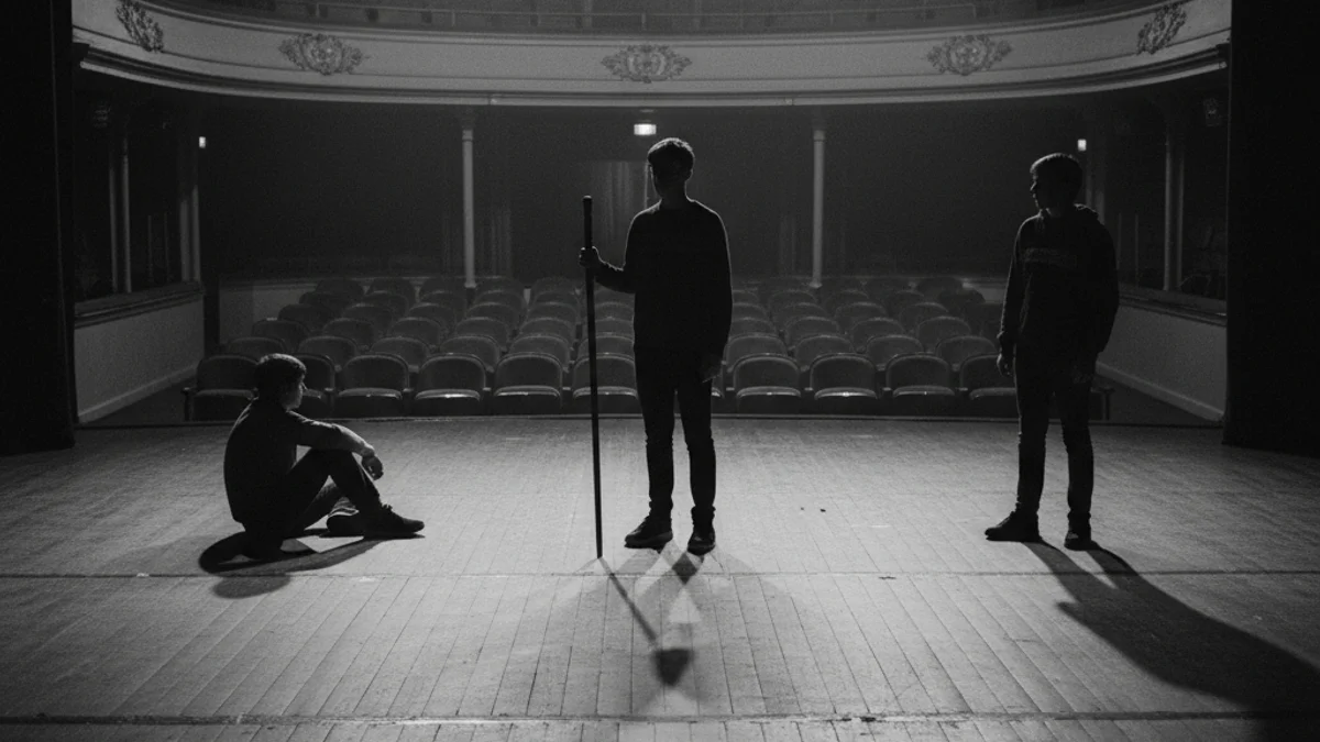 Joves actors en un escenari de teatre buit, amb focus il·luminant l'espai.