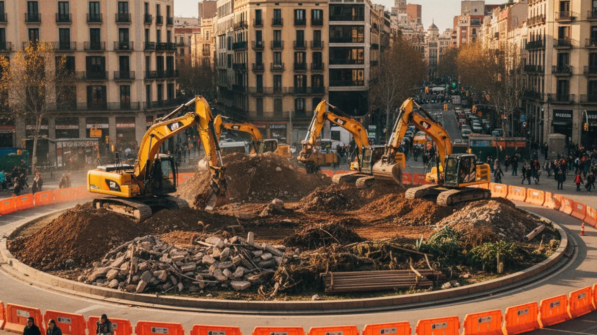 Imagen genérica de unas obras de remodelación de una rotonda en una avenida urbana.