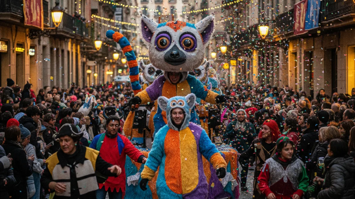 Imatge genèrica d'una rua de Carnestoltes amb carrosses i gent disfressada pels carrers.