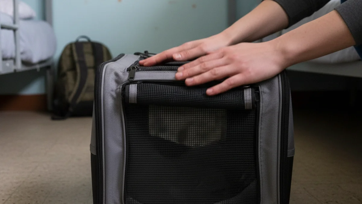 Una gatera de transport en un alberg temporal, simbolitzant el rescat d'una mascota després d'un desallotjament.