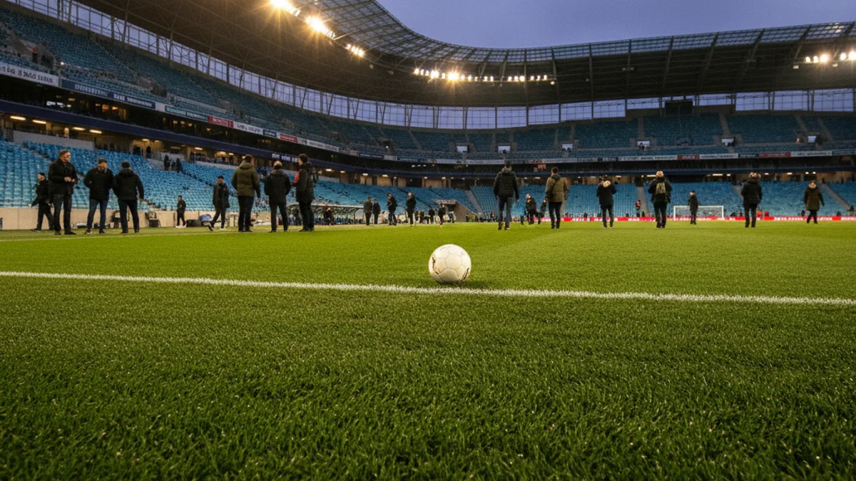 Imagen genérica de un campo de fútbol profesional bajo los focos antes de un partido.