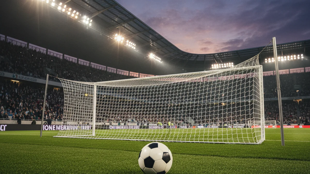 Imatge genèrica d'una porteria de futbol sota els focus d'un estadi al capvespre.