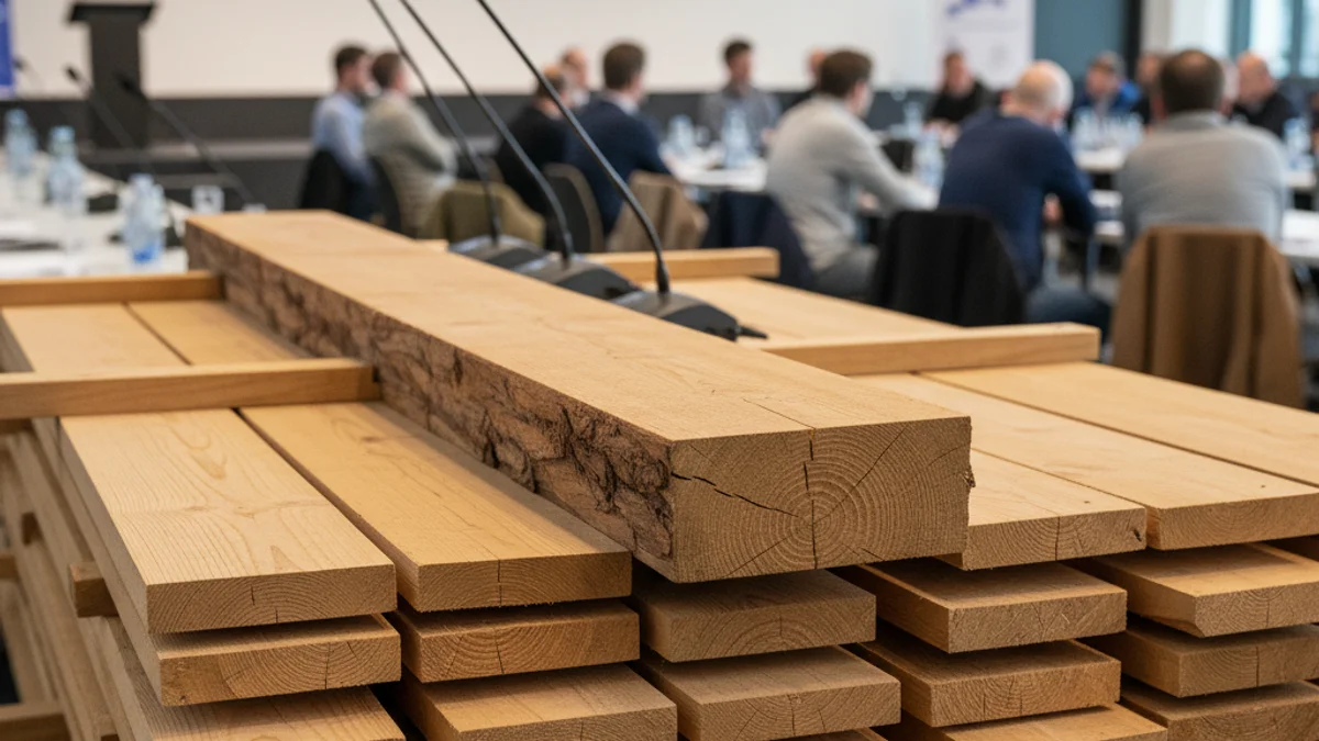 Generic image of structural wood and construction materials at a technical seminar.