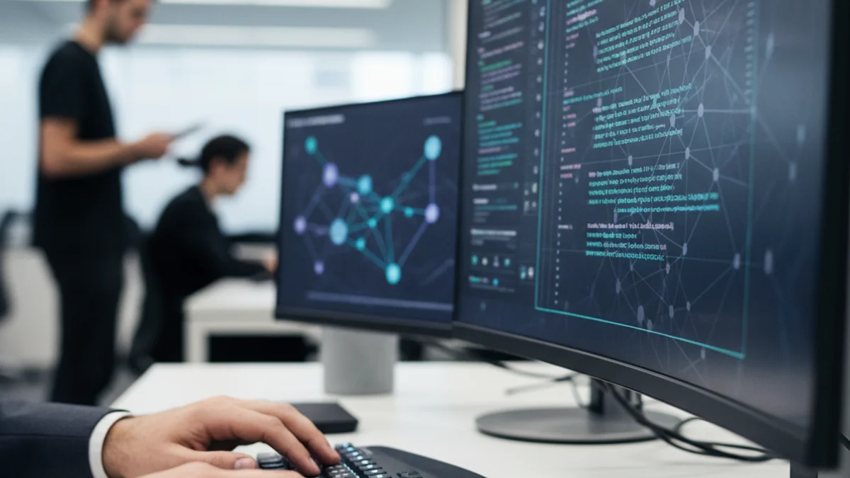 Vista genèrica d'una oficina moderna amb figures borroses treballant en ordinadors, simbolitzant el creixement del sector tecnològic.