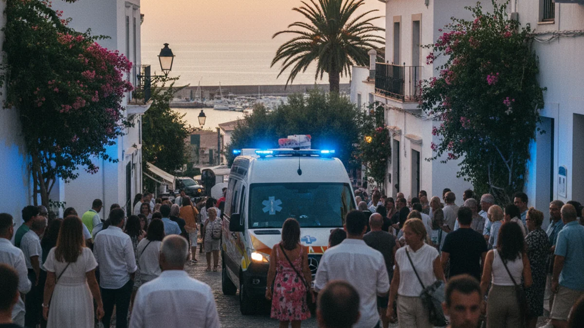 Generic image of an ambulance with emergency lights on in a city street.