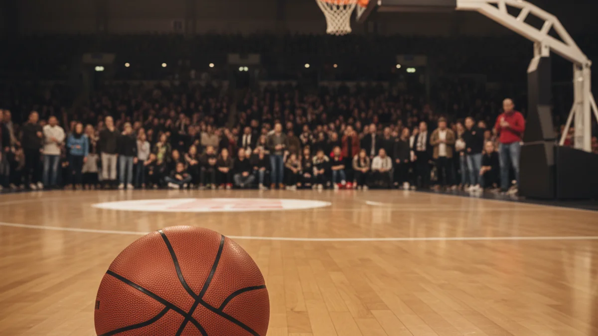 Imagen genérica de un balón de baloncesto en una cancha de pabellón polideportivo.