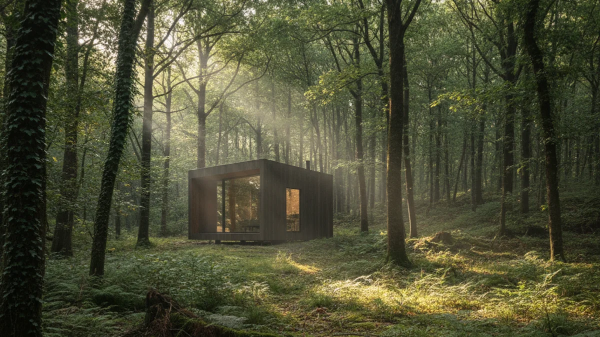 Imatge genèrica d'una cabana de fusta integrada en un bosc frondós per a la pràctica del bany de bosc.