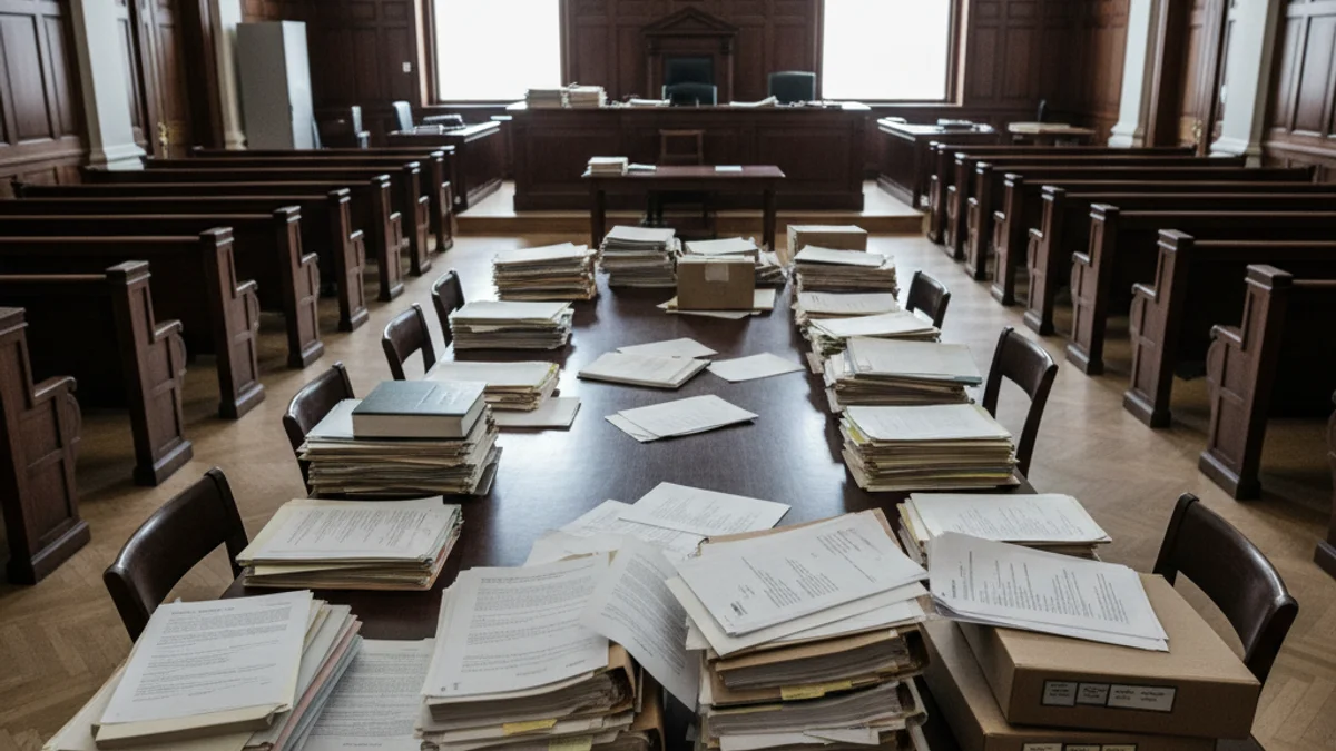 Imatge genèrica d'una taula de defensa buida en una sala de vistes, amb documents apilats durant un judici.