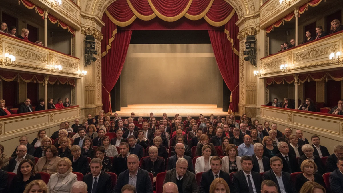 Imatge genèrica de l'interior d'un teatre amb cortines vermelles i il·luminació escènica.