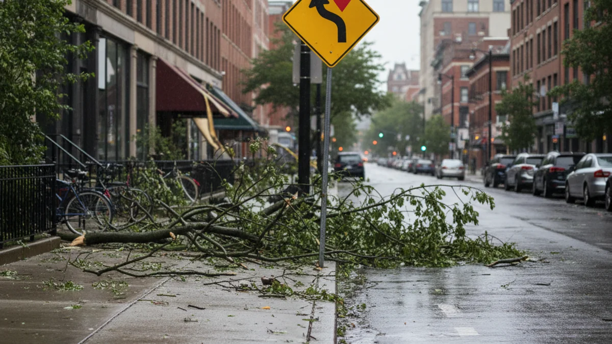 Imatge d'un carrer amb arbres caiguts i mobiliari urbà afectat pel temporal de vent.